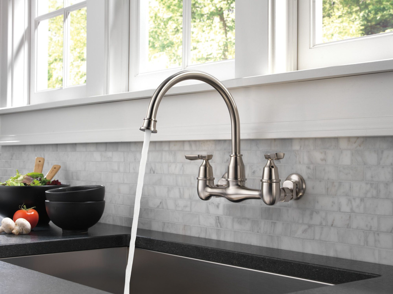 22722LF-SS Corin Two Handle Wall Mounted Kitchen Faucet, Stainless
