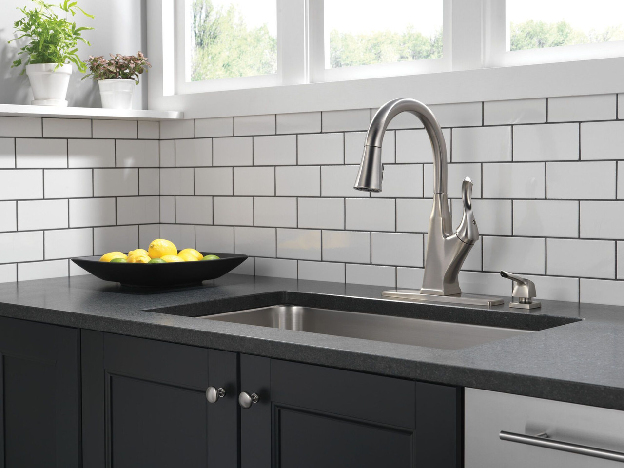 Delta 19806Z-SPSD-DST Cantrall Single Handle Pull Down Kitchen Faucet with Soap Dispenser and ShieldSpray Technology, Spotshield Stainless