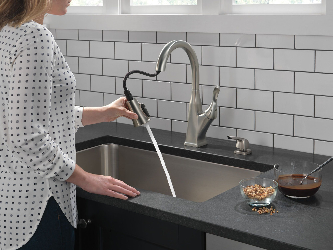 19806Z-SPSD-DST Cantrall Single Handle Pull Down Kitchen Faucet with Soap Dispenser and ShieldSpray Technology, Spotshield Stainless