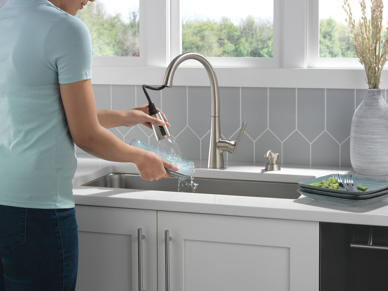 19835Z-SPSD-DST Auburn Single Handle Pull Down Kitchen Faucet with Soap Dispenser and ShieldSpray Technology, Spotshield Stainless