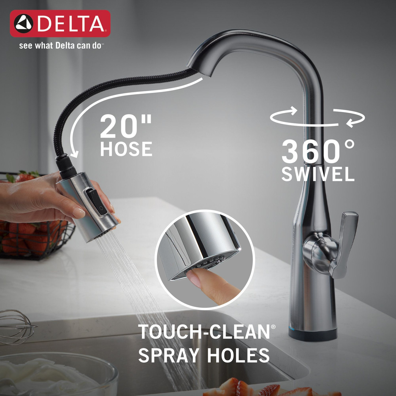 9976T-AR-PR-DST Stryke Single Handle Pull Down Bar or Prep Faucet with Touch 2O Technology, Lumicoat Arctic Stainless