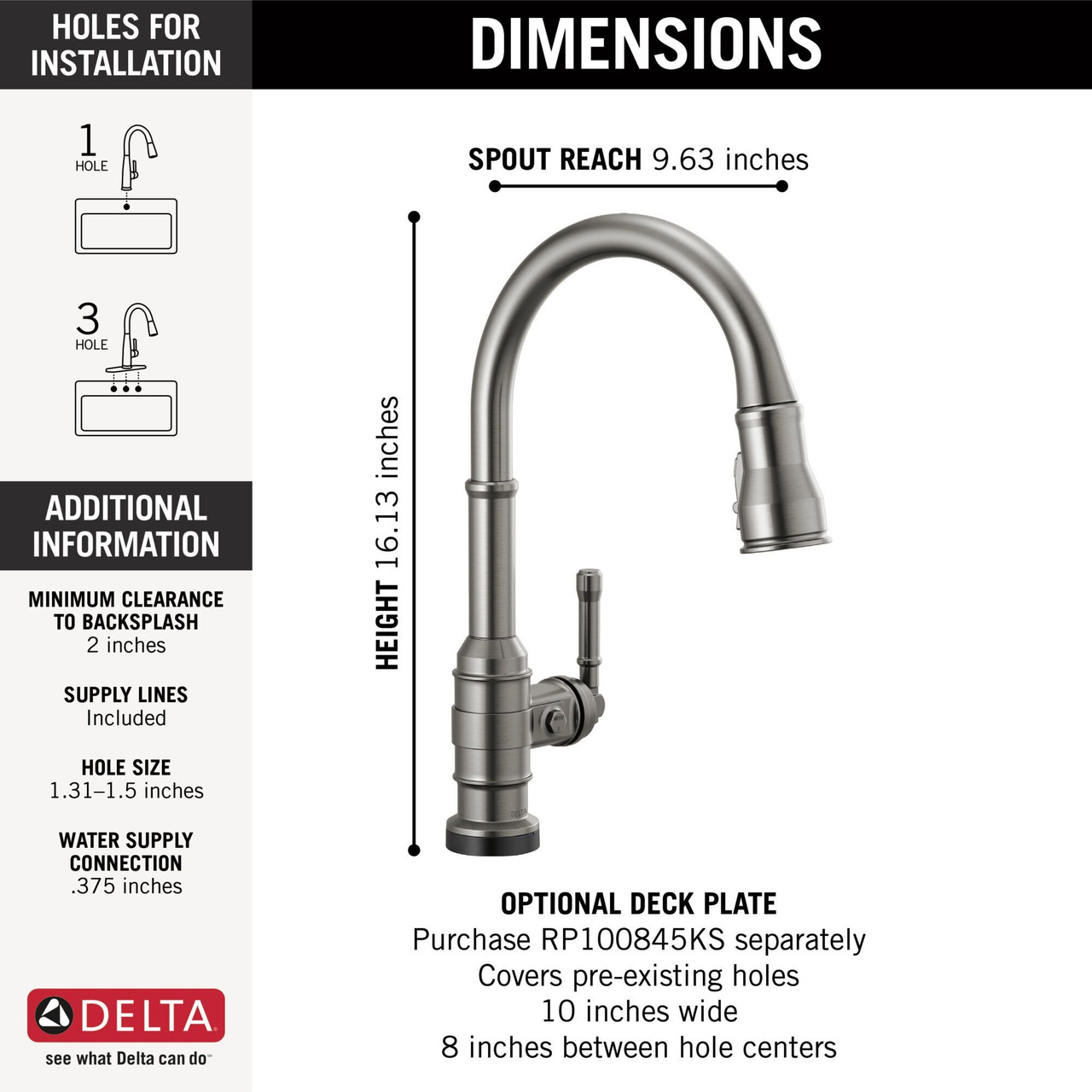 9190T-KS-DST Broderick Single Handle Pull Down Kitchen Faucet with Touch2O Technology, Black Stainless