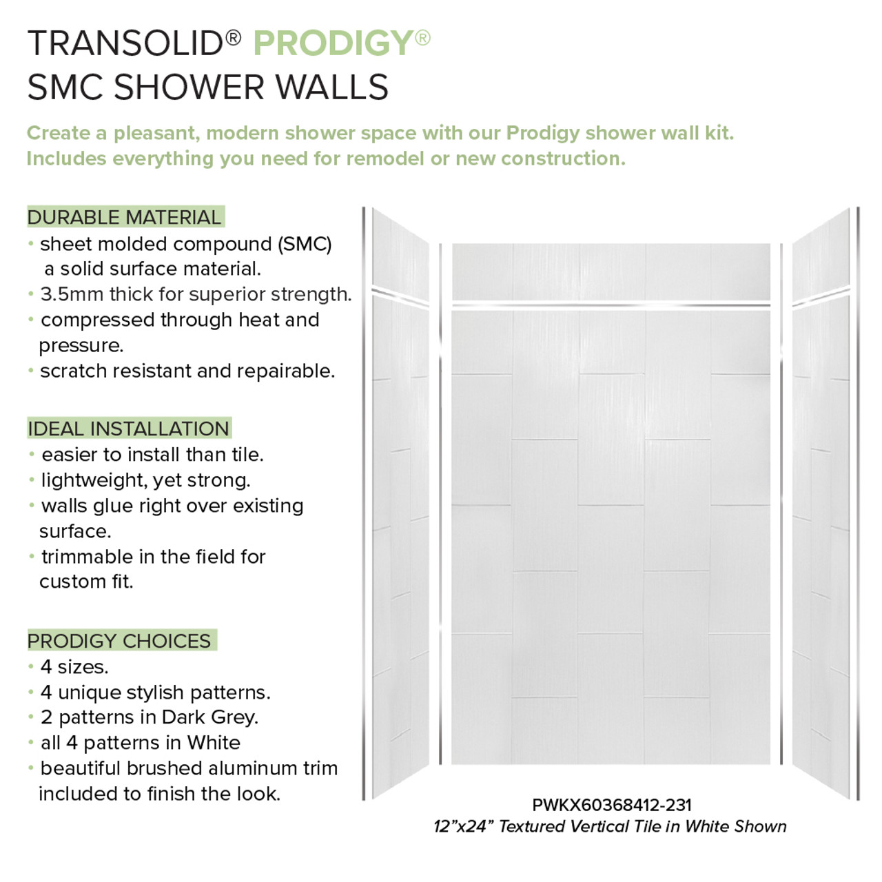 Transolid Prodigy PWKX60368412-231 60" x 36" x 96-in Glue to Wall 6-Piece Shower Wall Kit 12" x 24" Vertical Tile, in White