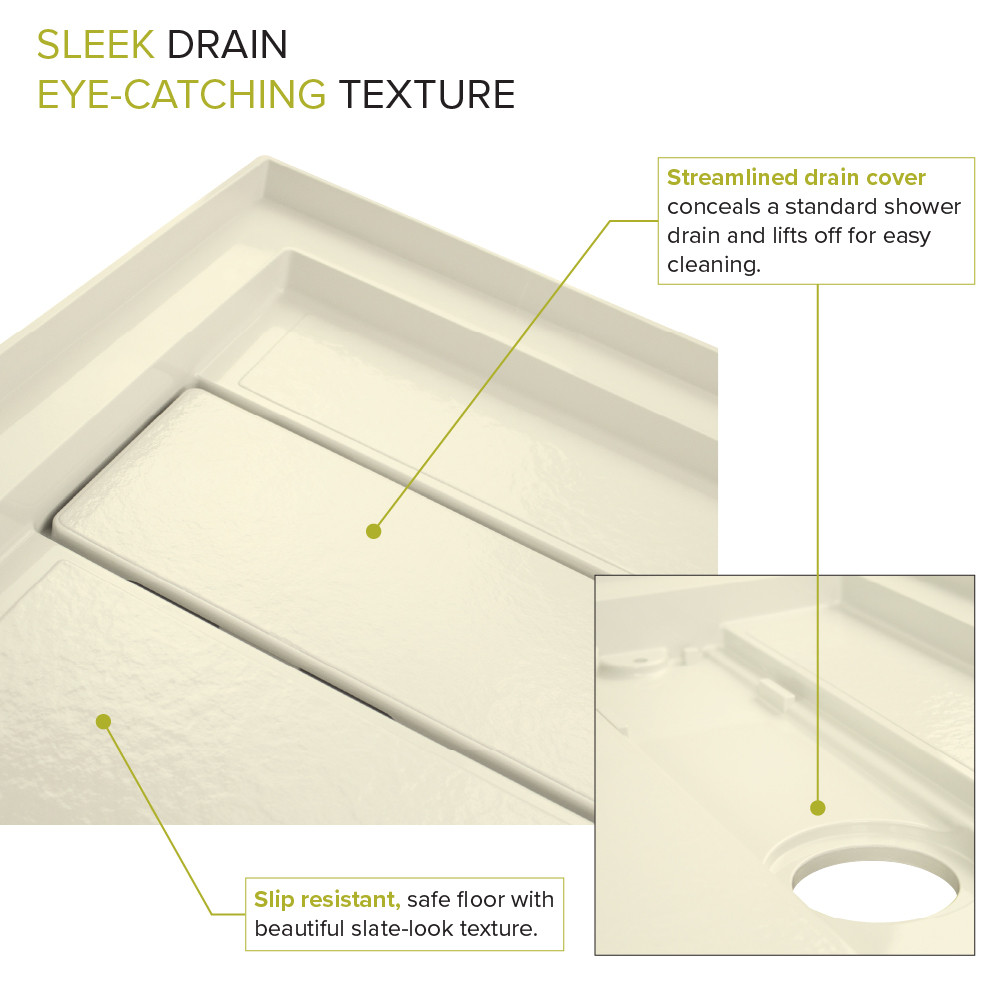 FLU6032R-38 Linear 60-in W x 32-in L Rectangular Alcove Concealed End Drain Shower Base with Right Hand Drain in Biscuit