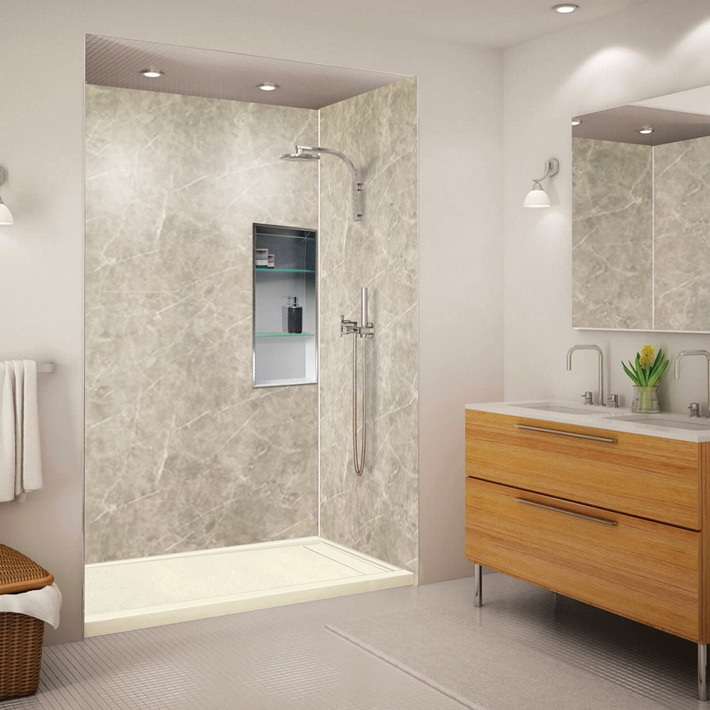 FLU6032R-38 Linear 60-in W x 32-in L Rectangular Alcove Concealed End Drain Shower Base with Right Hand Drain in Biscuit