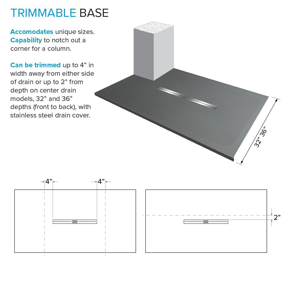 FZST6736C-40 Trimslate 67-in x 36-in Shower Base with Adjustable Single Threshold and Center Drain, Dark Grey