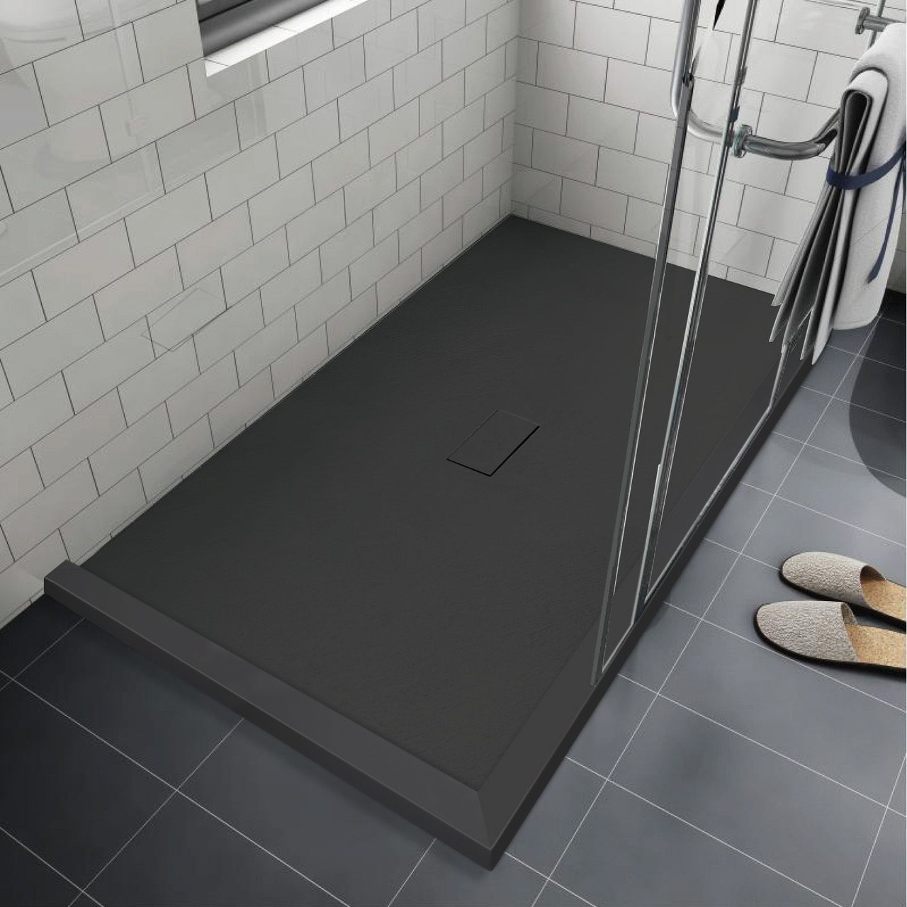 FZSDT7940C-09 Trimslate 79-in x 40-in Shower Base with Adjustable Double Threshold and Center Drain, Black