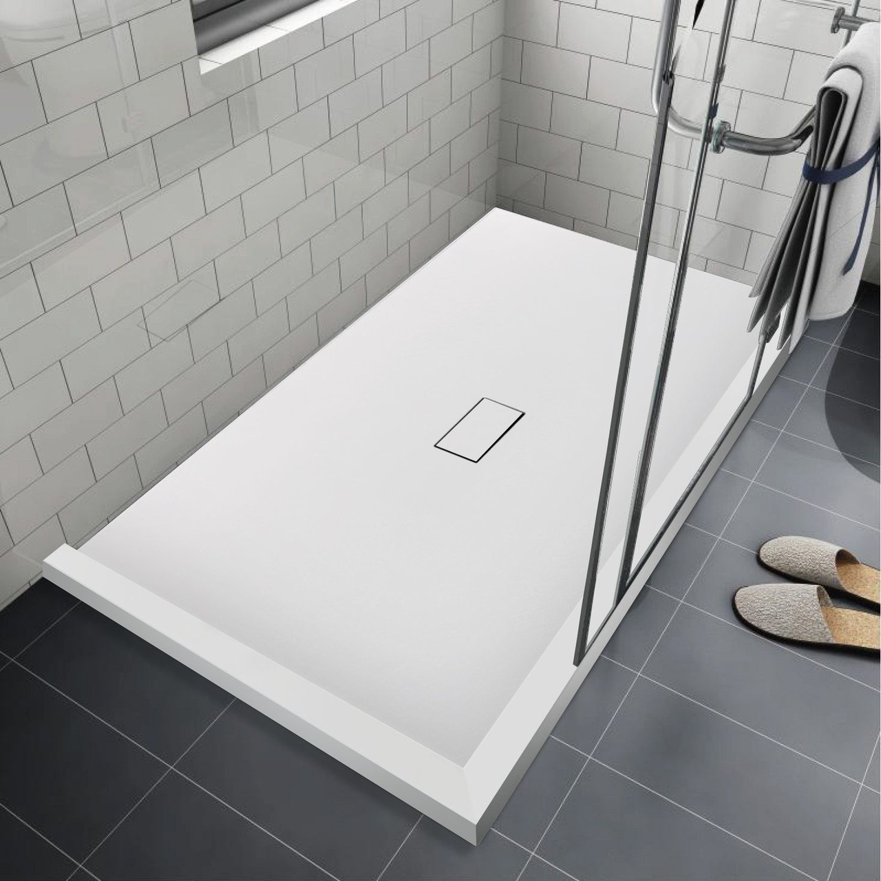 FZSDT6340C-31 Trimslate 63-in x 40-in Shower Base with Adjustable Double Threshold and Center Drain, White