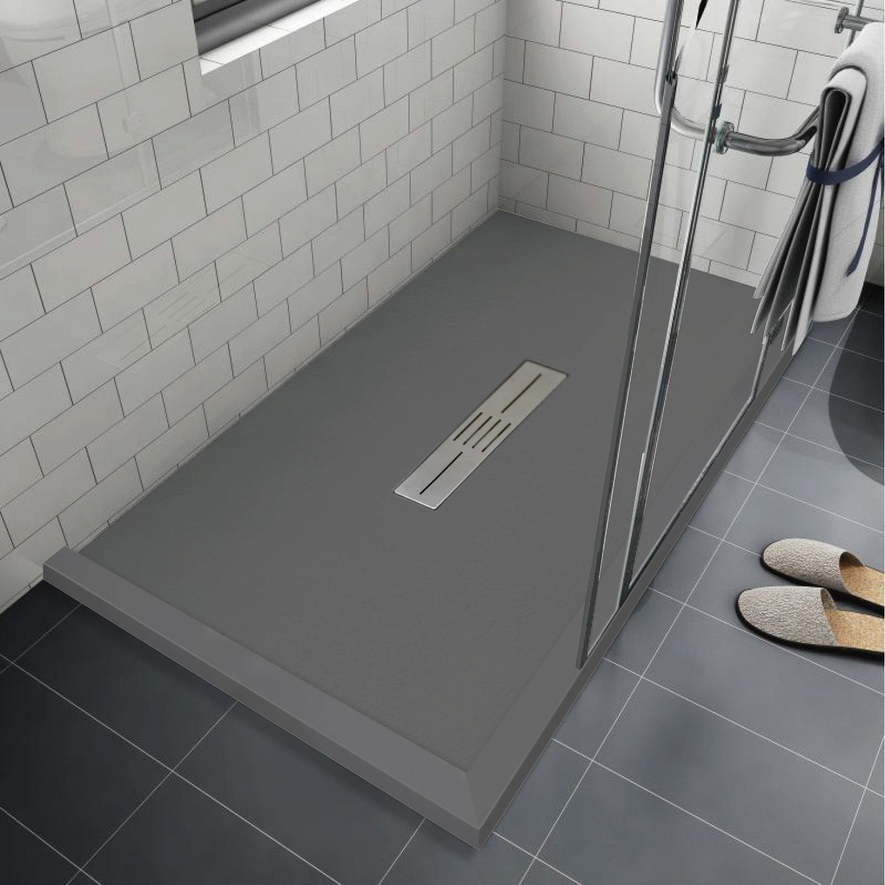 FZSDT6336C-40 Trimslate 63-in x 36-in Shower Base with Adjustable Double Threshold and Center Drain, Dark Grey