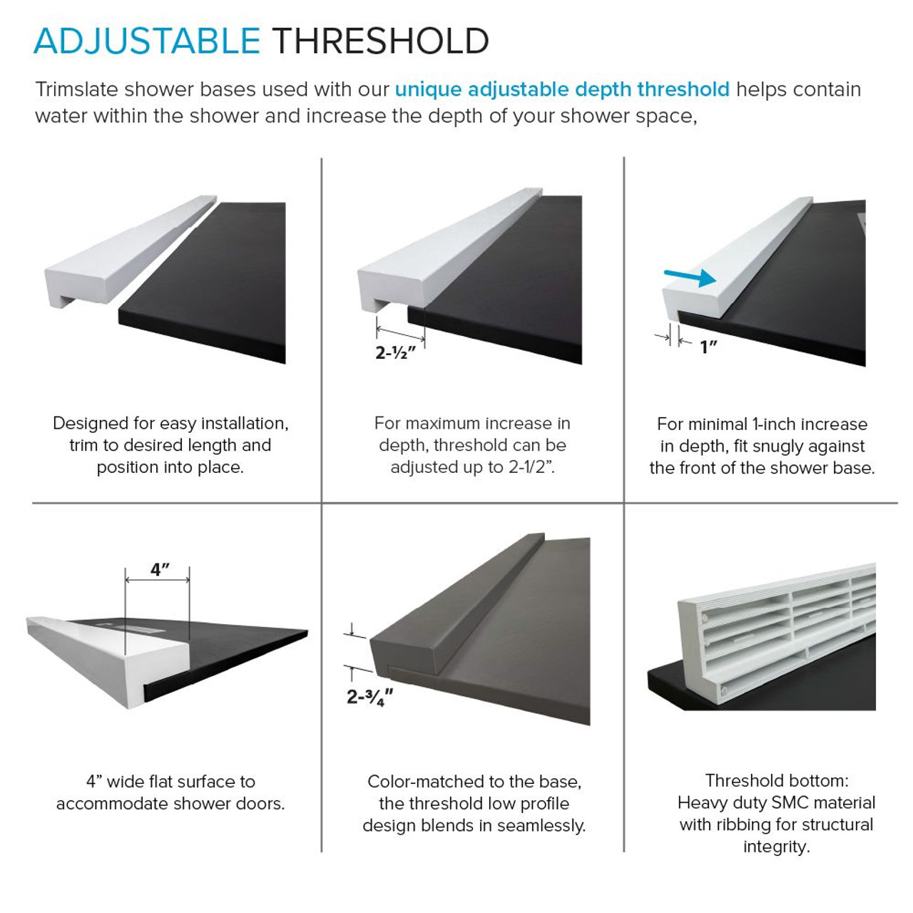 Transolid FZSDT6048C-40 Trimslate 60-in x 48-in Shower Base with Adjustable Double Threshold and Center Drain, Dark Grey