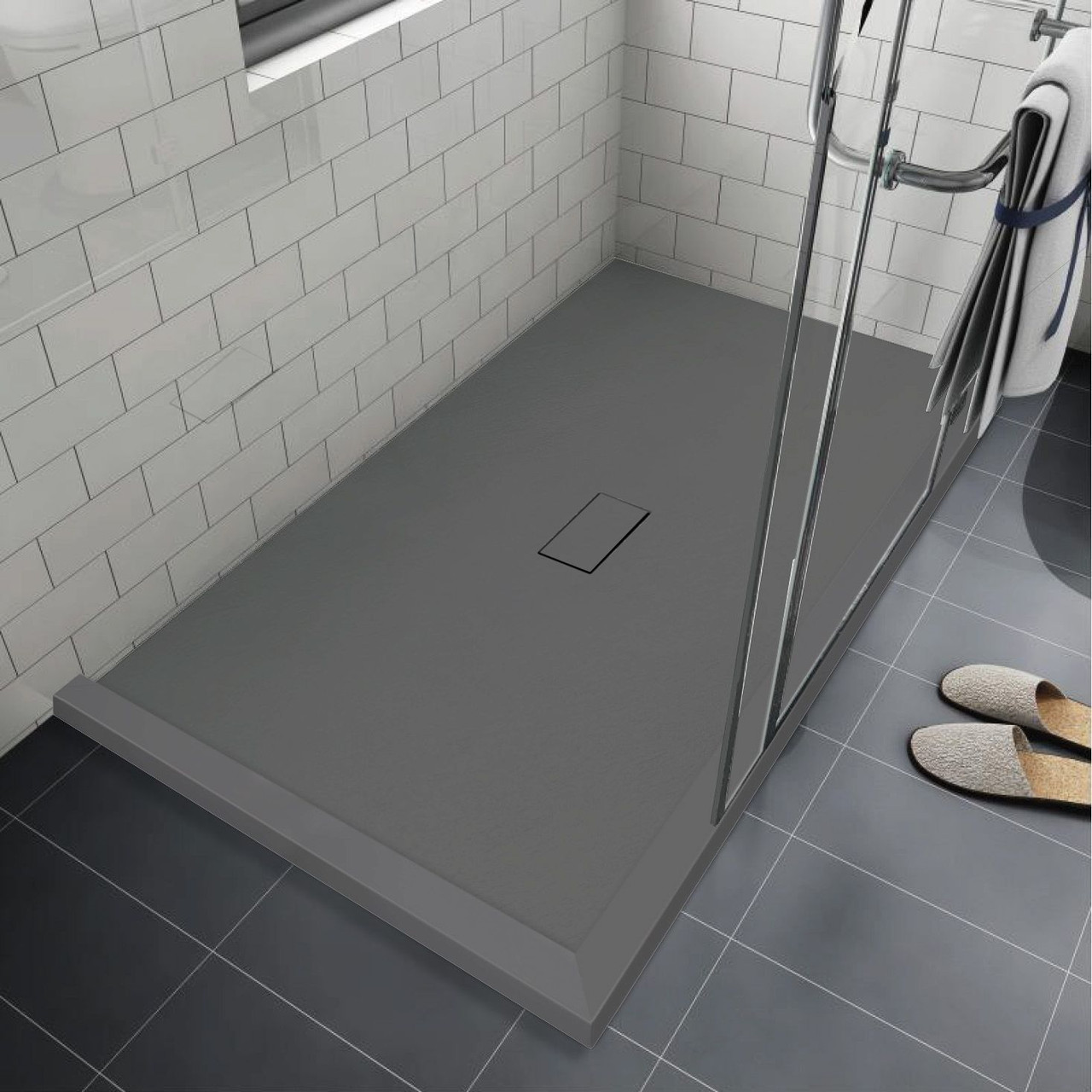 Transolid FZSDT5140C-40 Trimslate 51-in x 40-in Shower Base with Adjustable Double Threshold and Center Drain, Dark Grey