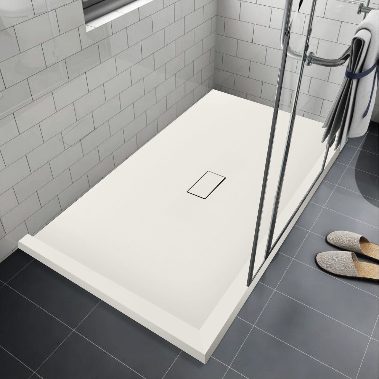 Transolid FZSDT5140C-32 Trimslate 51-in x 40-in Shower Base with Adjustable Double Threshold and Center Drain, Cameo