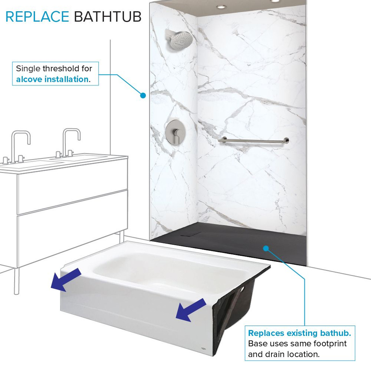 Transolid FZSR6332-09 Trimslate 63-in x 32-in Zero Threshold Tub Replacement Shower Base with End Drain, Black