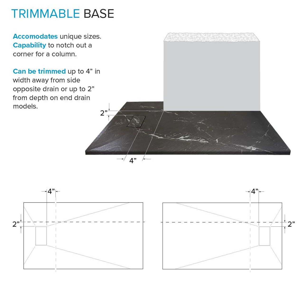 Transolid FZSP6032-61 Trimslate Plus 60-in x 32-in Zero Threshold Tub Replacement Shower Base with End Drain, Sterling Black