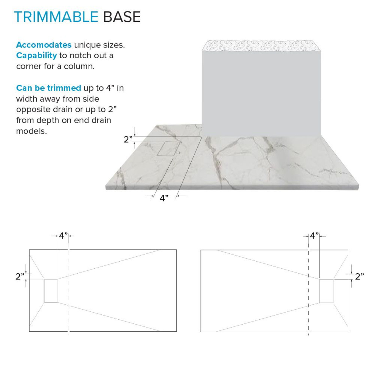 Transolid FZSP6032-60 Trimslate Plus 60-in x 32-in Zero Threshold Tub Replacement Shower Base with End Drain, Calcite