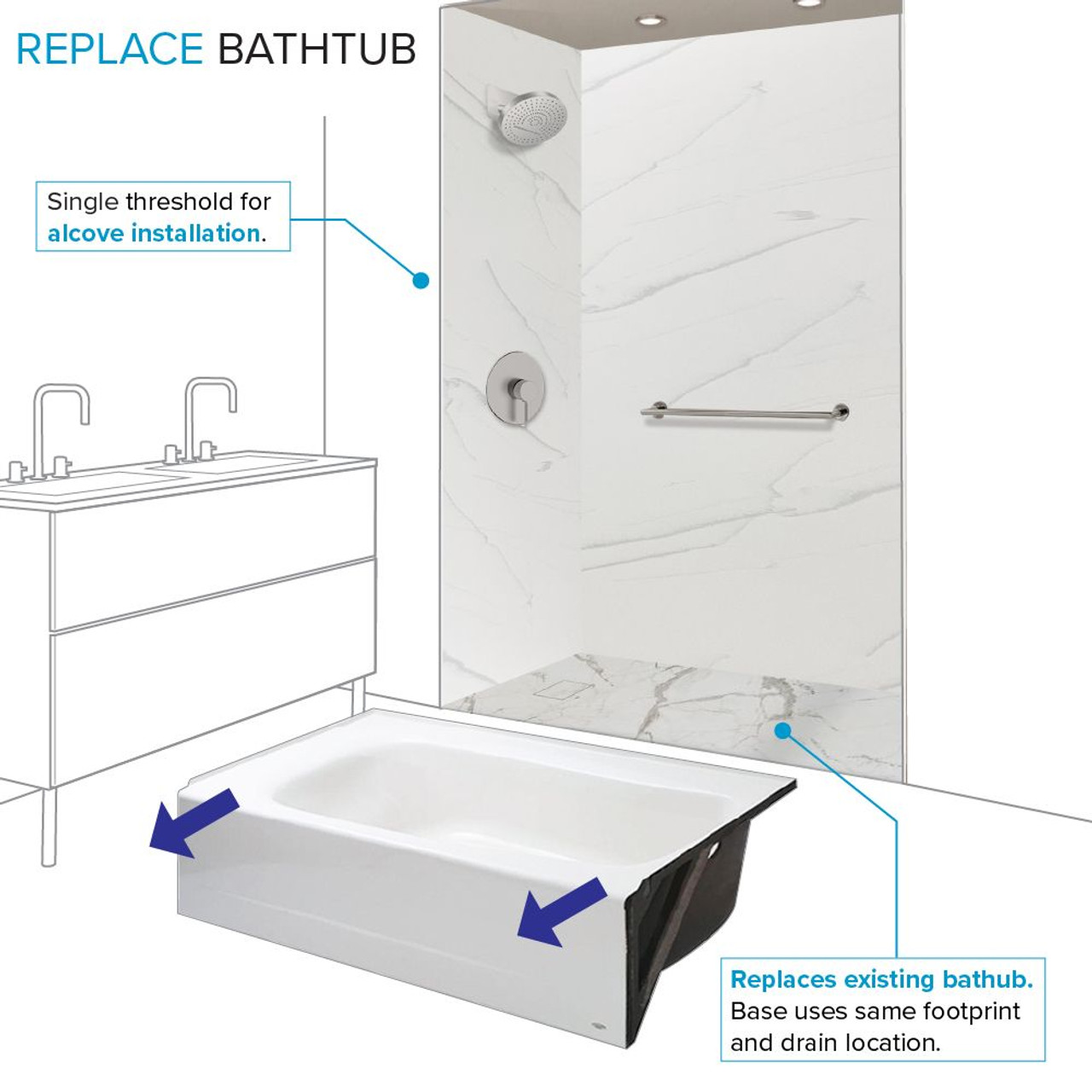 Transolid FZSP6032-60 Trimslate Plus 60-in x 32-in Zero Threshold Tub Replacement Shower Base with End Drain, Calcite