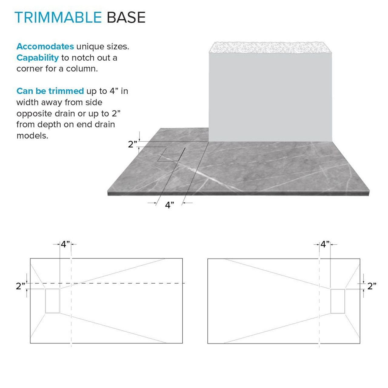 Transolid FZSP6032-59 Trimslate Plus 60-in x 32-in Zero Threshold Tub Replacement Shower Base with End Drain, Ashy Grey