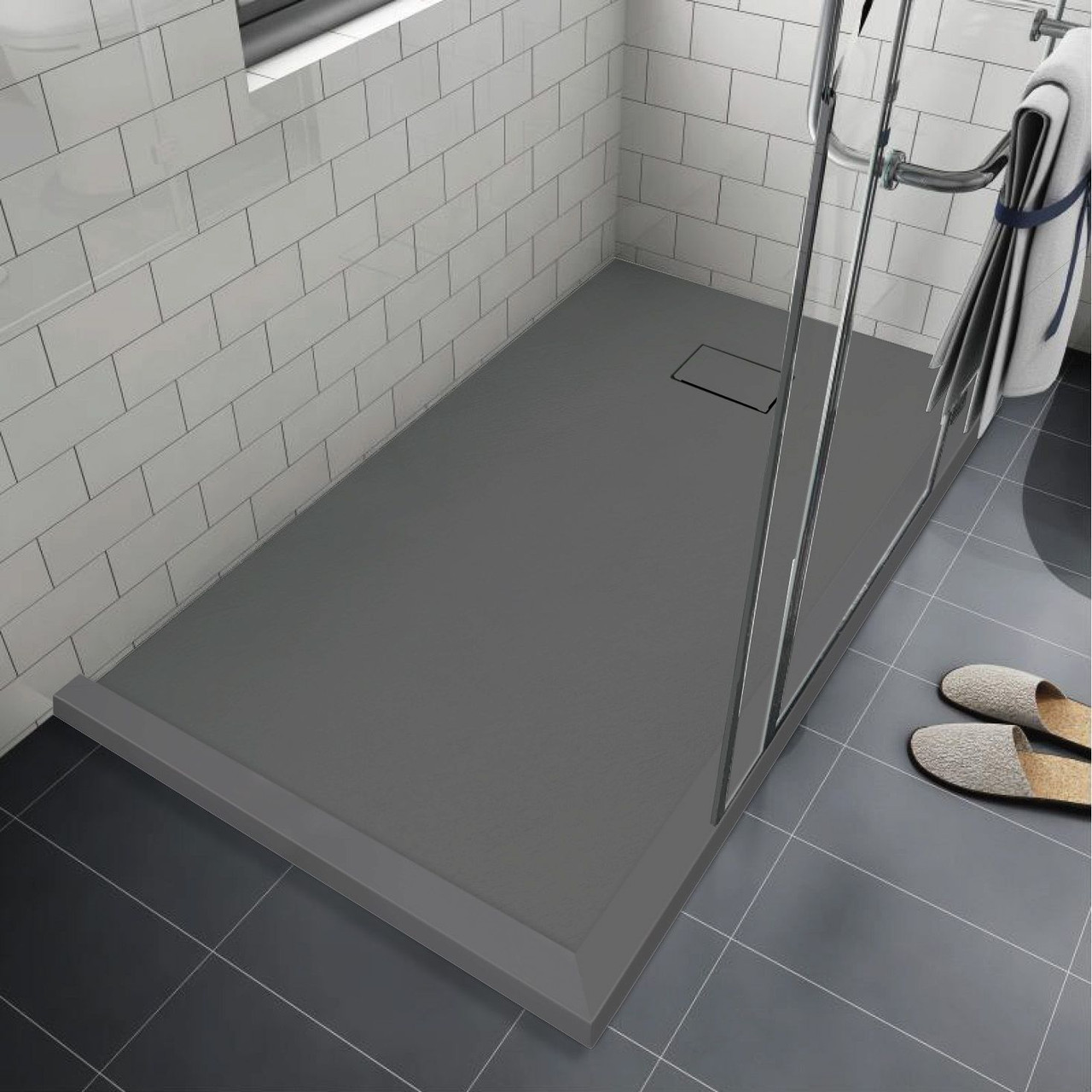 Transolid FZSDT6736-40 Trimslate 67-in x 36-in Shower Base with Adjustable Double Threshold and End Drain, Dark Grey