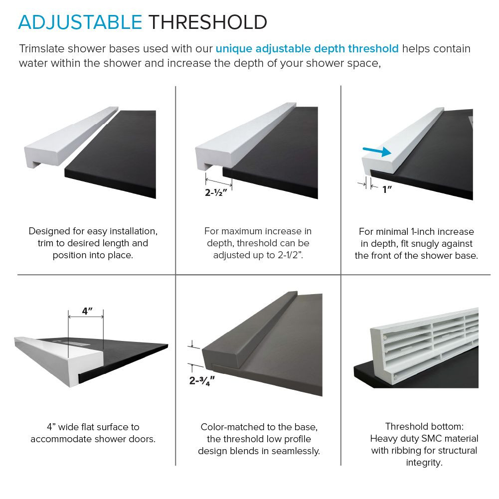 FZSDT6042C-40 Trimslate 60-in x 42-in Shower Base with Adjustable Double Threshold and Center Drain, Dark Grey