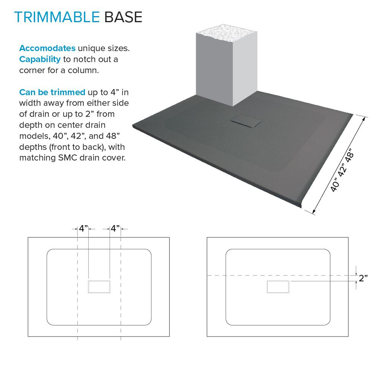 Transolid FZSDT6040C-40 Trimslate 60-in x 40-in Shower Base with Adjustable Double Threshold and Center Drain, Dark Grey