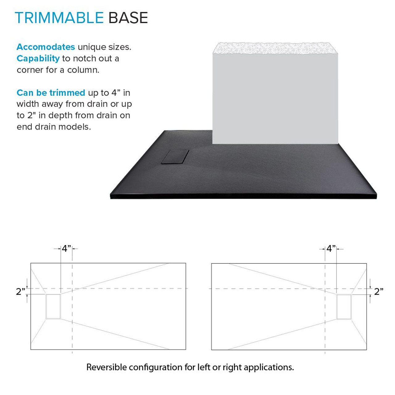 Transolid FZS6736-09 Trimslate 67-in x 36-in Zero Threshold Shower Base with End Drain, Black