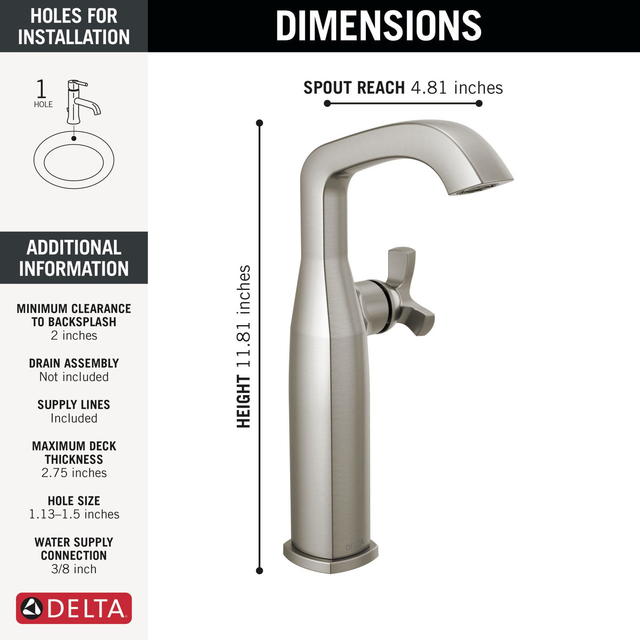 7766-SS-PR-DST Stryke 6.56-in x 4.38-in x 11.19-in Single Handle Vessel Bathroom Faucet, Lumicoat Stainless