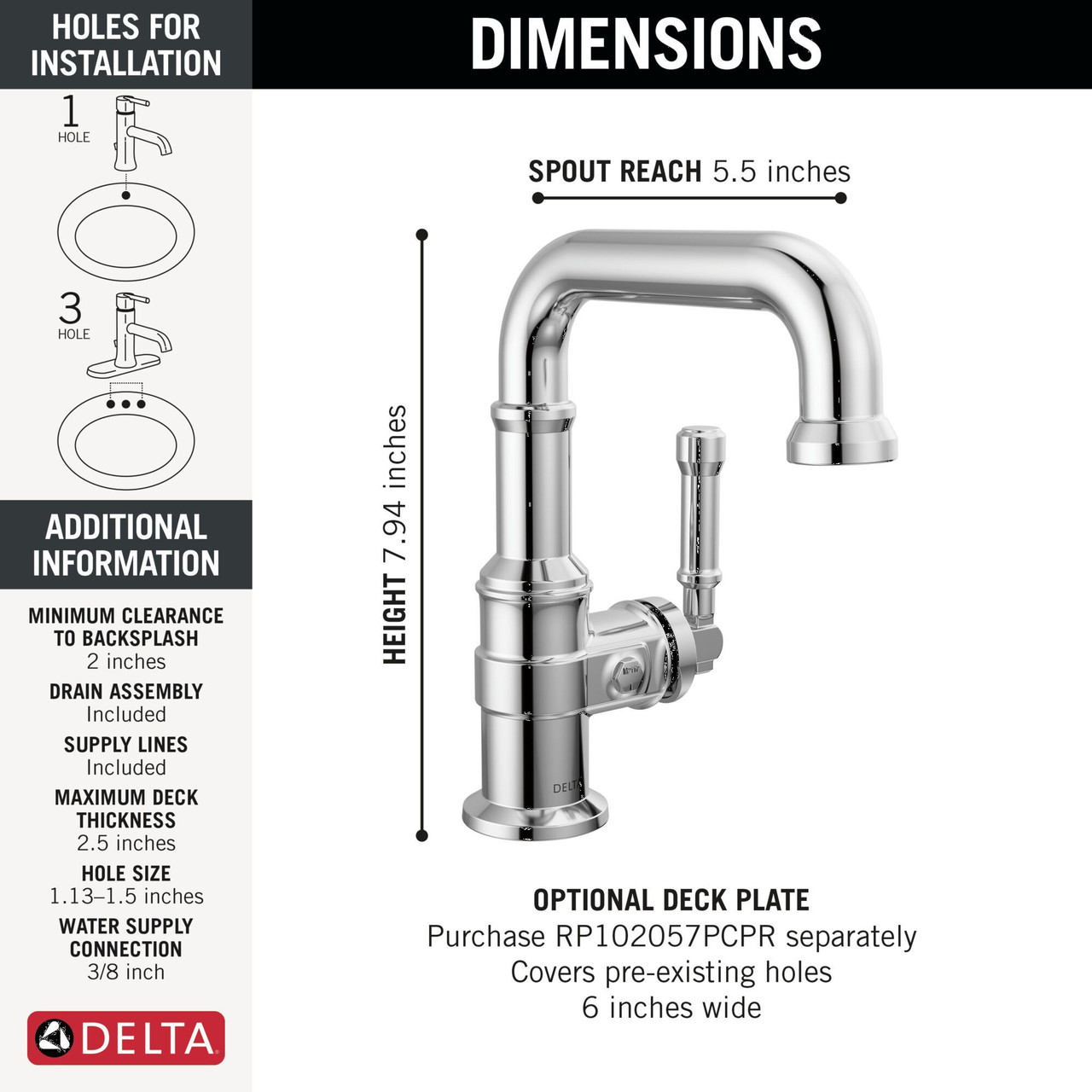 Delta 584SH-PR-DST Broderick 7.13-in x 2.00-in x 7.94-in Single Handle Bathroom Faucet, Lumicoat Chrome