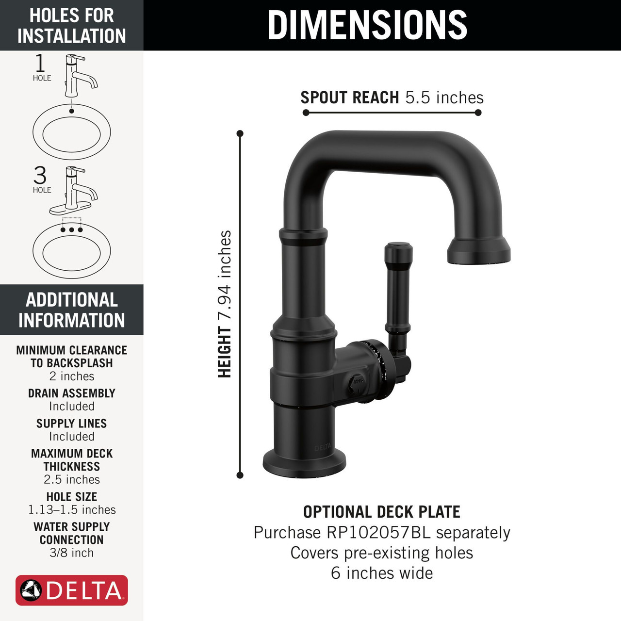Delta 584SH-BL-DST Broderick 7.13-in x 2.00-in x 7.94-in Single Handle Bathroom Faucet, Matte Black