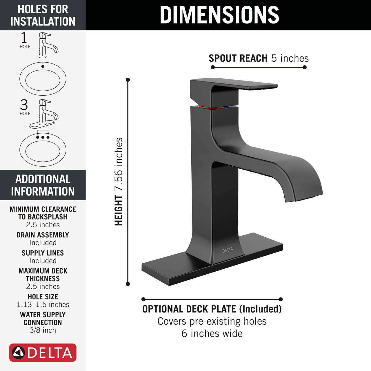 Delta 539-BLMPU-DST Velum 6.25-in x 6.00-in x 7.56-in Single Handle Bathroom Faucet, Matte Black
