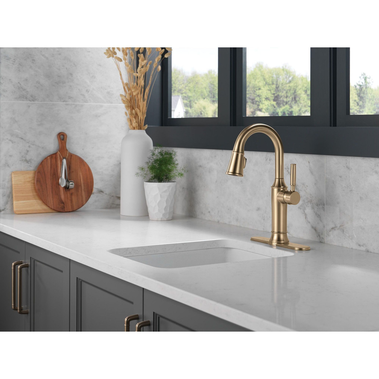 9984-CZ-PR-DST Renaldi 8.81-in x 2.81-in x 14.44-in Single-Handle Pull-Down Bar and Prep Faucet, Lumicoat Champagne Bronze