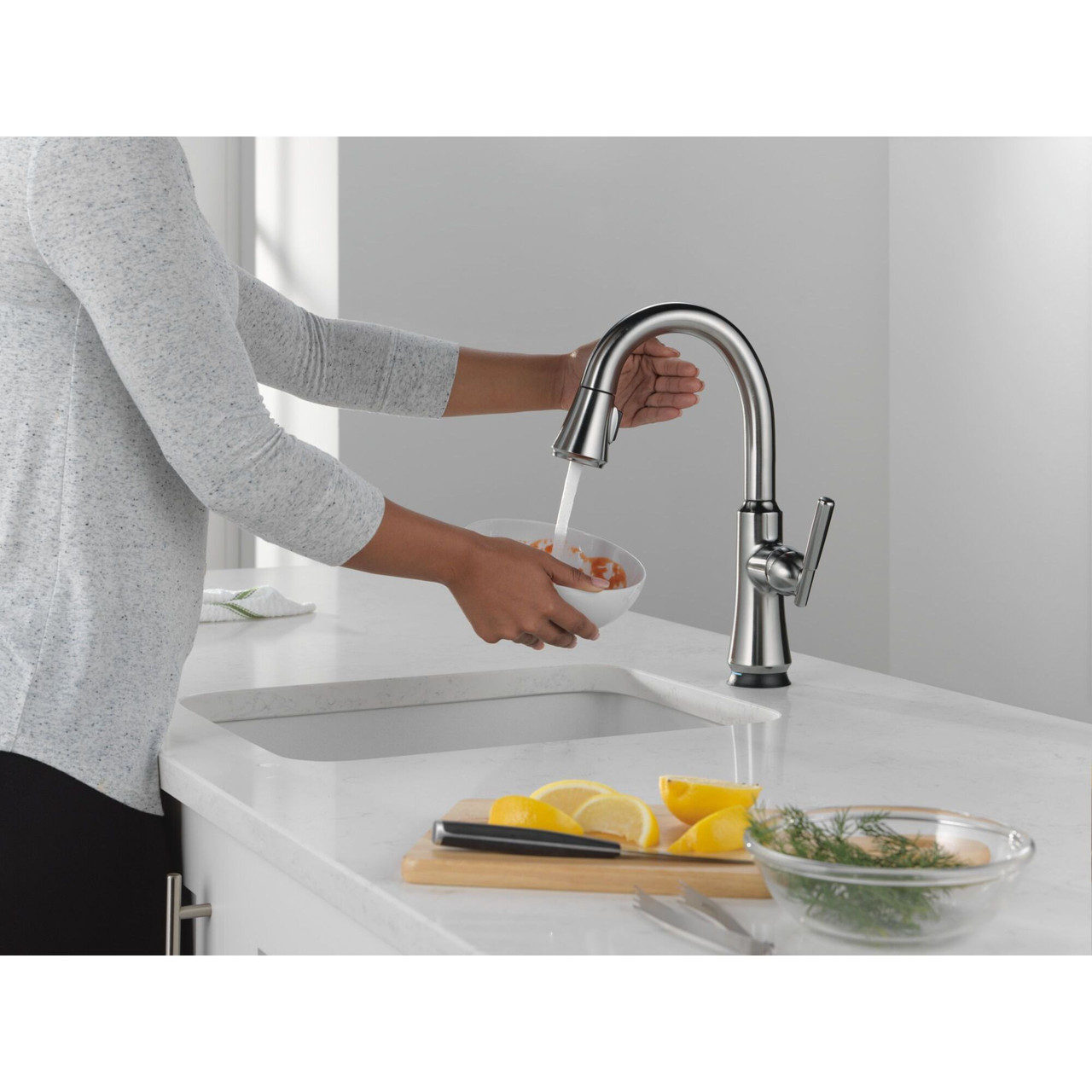 9979TL-AR-DST Coranto 9.06-in x 4.63-in x 14.38-in Touch2O Bar and Prep Faucet with Touchless Technology, Arctic Stainless