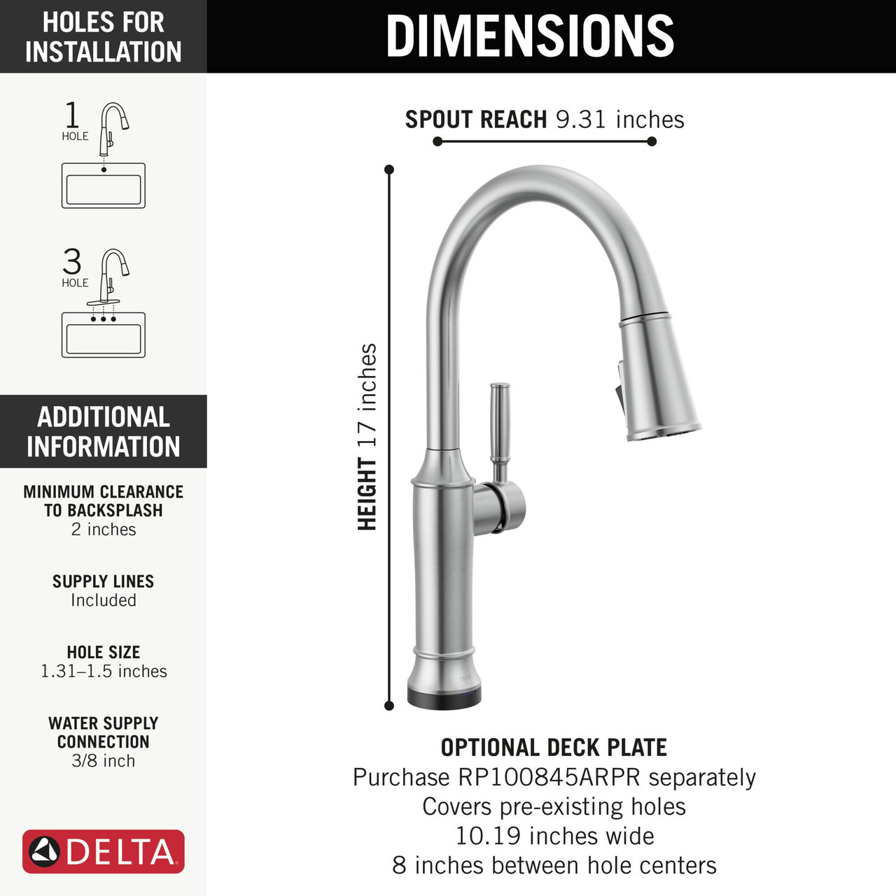 9184TL-AR-PR-DST Renaldi 11.56-in x 2.81-in x 17.00-in Touch2O Kitchen Faucet with Touchless Technology, Lumicoat Arctic Stainless