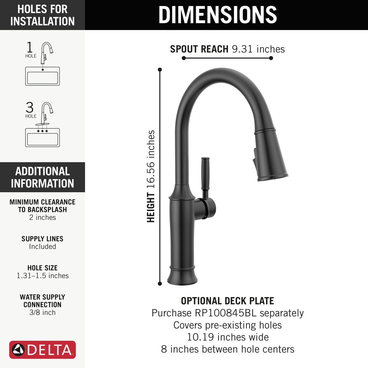 9184-BL-DST Renaldi 11.56-in x 2.81-in x 16.56-in Single-Handle Pull-Down Kitchen Faucet, Matte Black