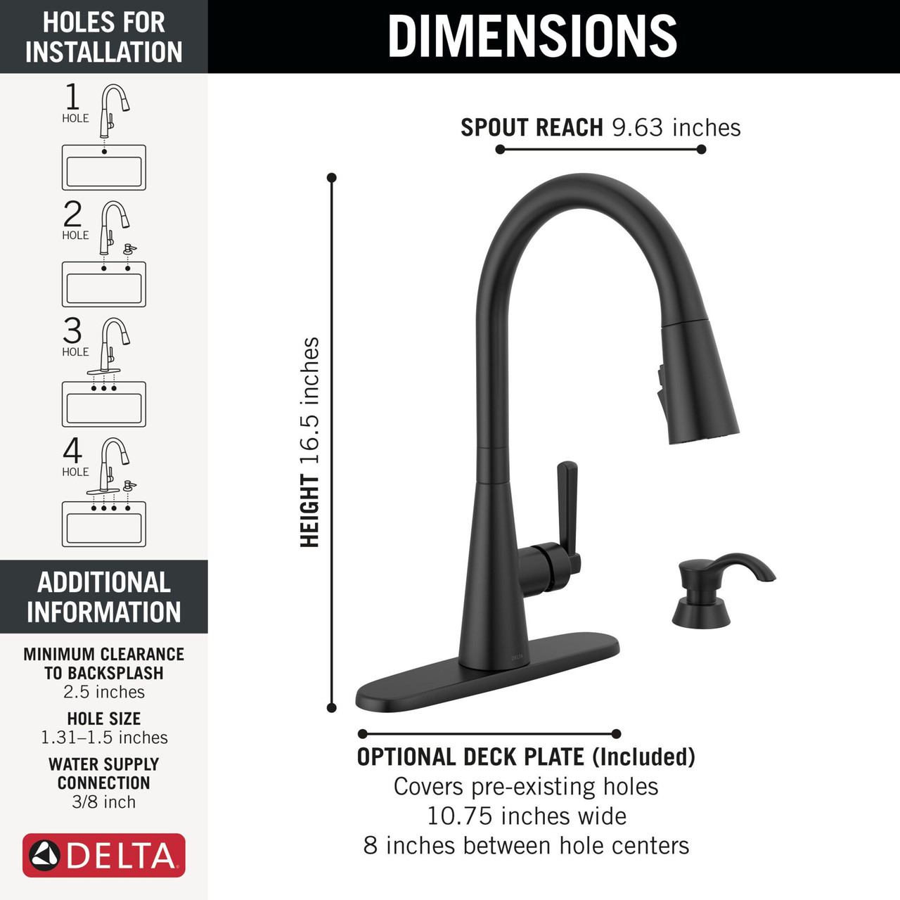 Delta 19893Z-BLSD-DST Boyd 11.63-in x 10.75-in x 16.50-in Single-Handle Pull-Down Kitchen Faucet with Soap Dispenser and Shieldspray Technology, Matte Black