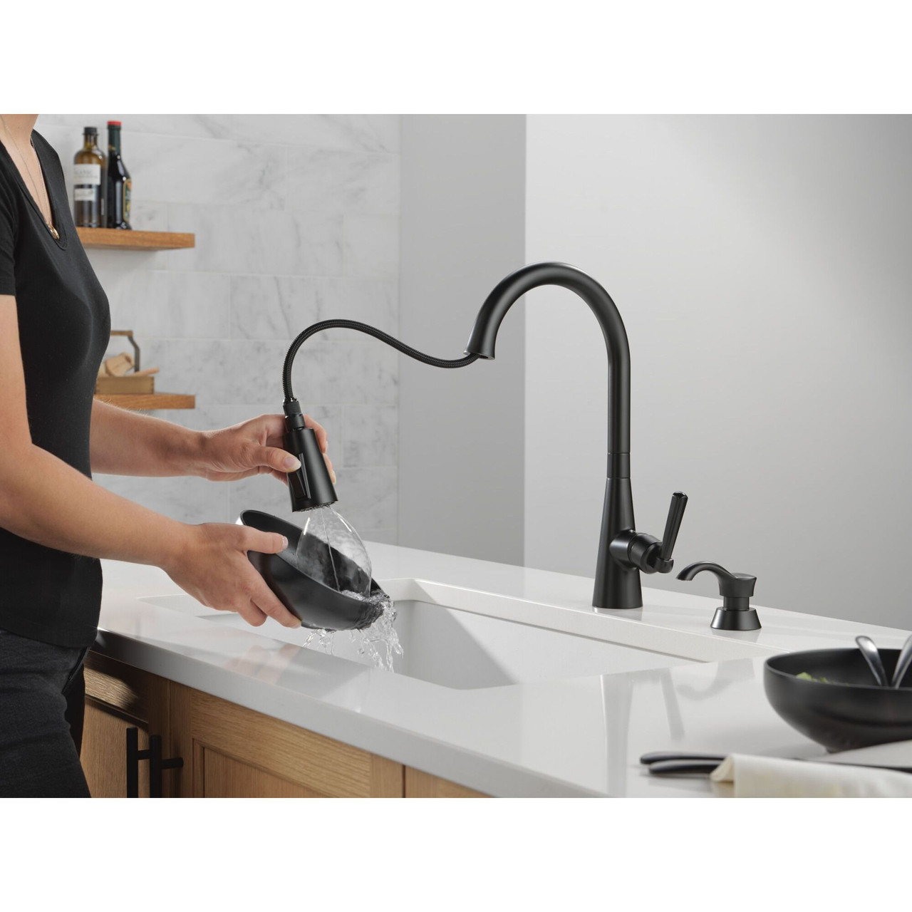 19893Z-BLSD-DST Boyd 11.63-in x 10.75-in x 16.50-in Single-Handle Pull-Down Kitchen Faucet with Soap Dispenser and Shieldspray Technology, Matte Black