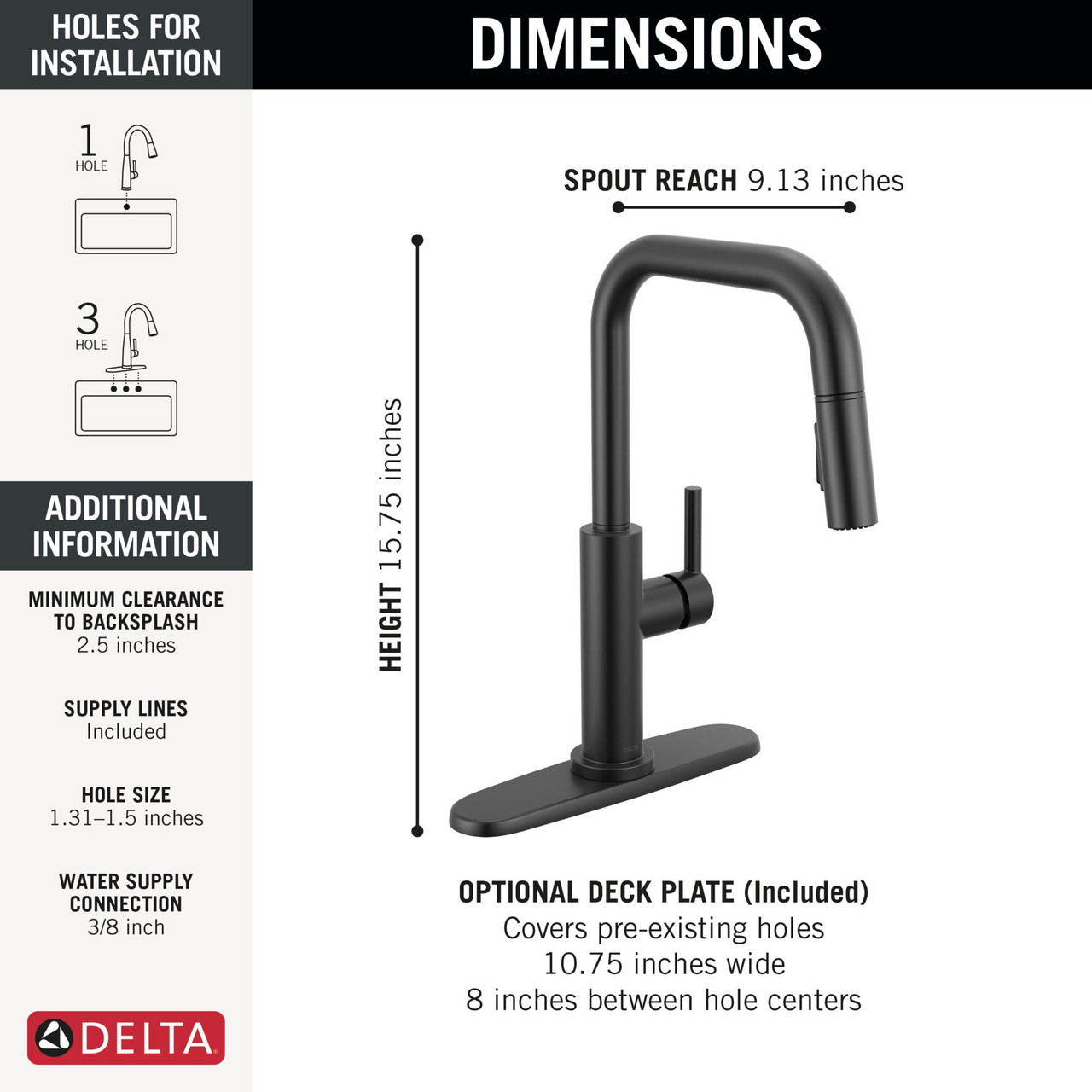 Delta 19868LF-BL Nicoli 11.06-in x 10.75-in x 15.75-in Single-Handle Pull-Down Kitchen Faucet, Matte Black