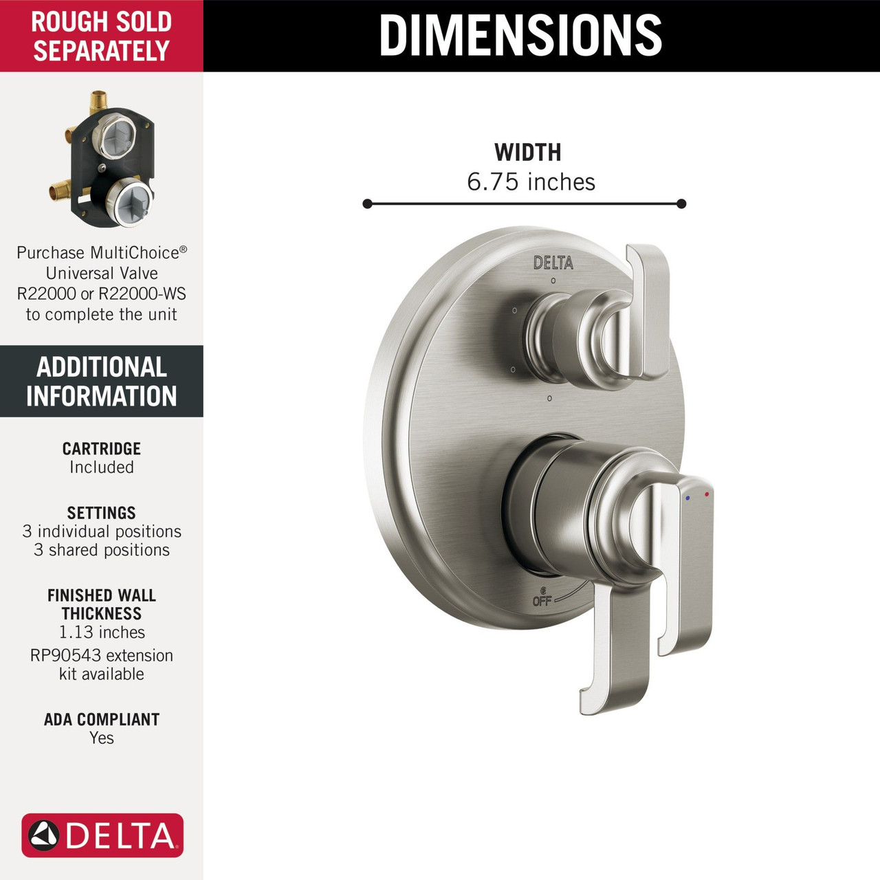 T27989-SS-PR Tetra 17 Series Integrated Diverter Trim with 6-Setting, Lumicoat Stainless