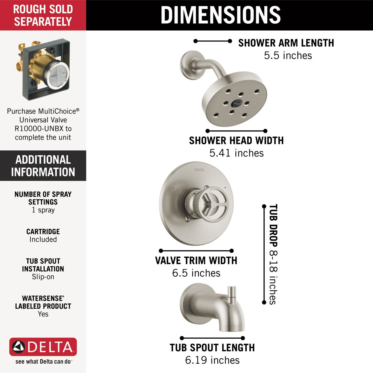 T14458-SS Trinsic H2O Tub Shower Trim, Stainless