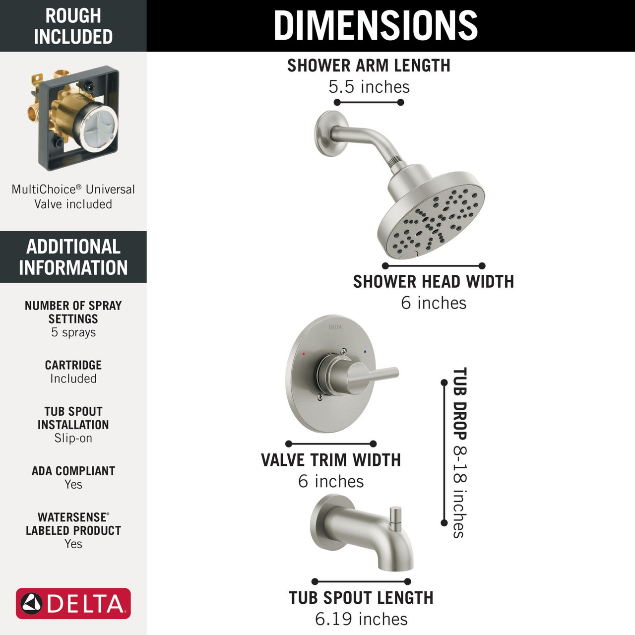 Delta 144749-SS Nicoli Monitor 14 Series H2Okinetic Tub and Shower, Stainless