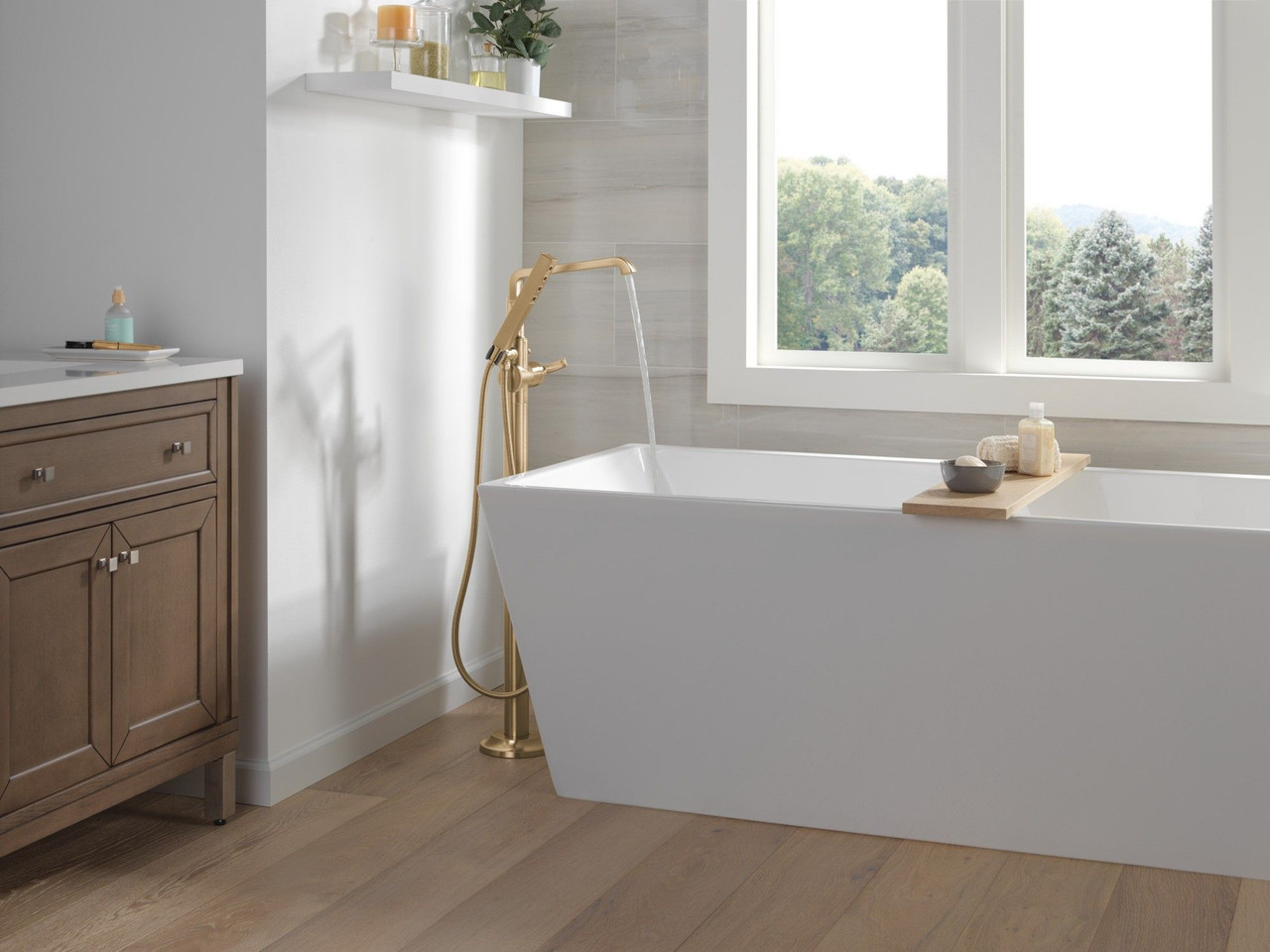 T4789-CZ-PR-LHP-FL Tetra Delta Tetra Floor Mount Tub Filler Trim, Lumicoat Champagne Bronze