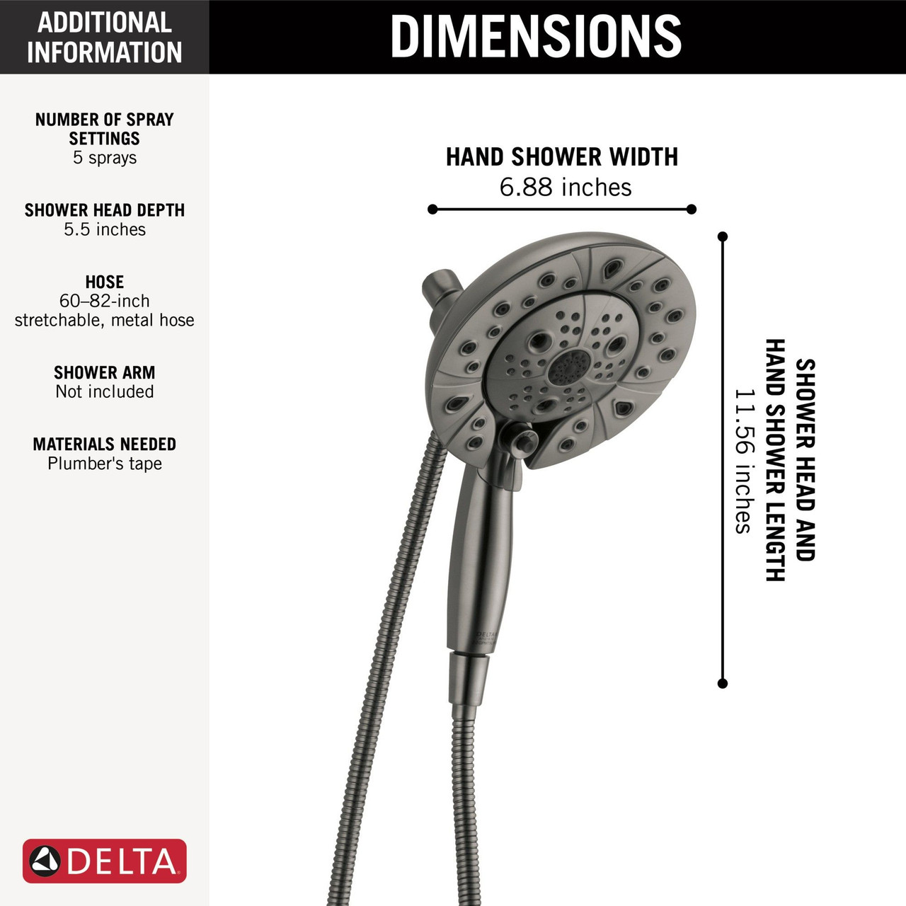 58480-KS-PR25-PK Universal Showering Components H2Okinetic In2ition 5-Setting Two-In-One Shower, Lumicoat Black Stainless