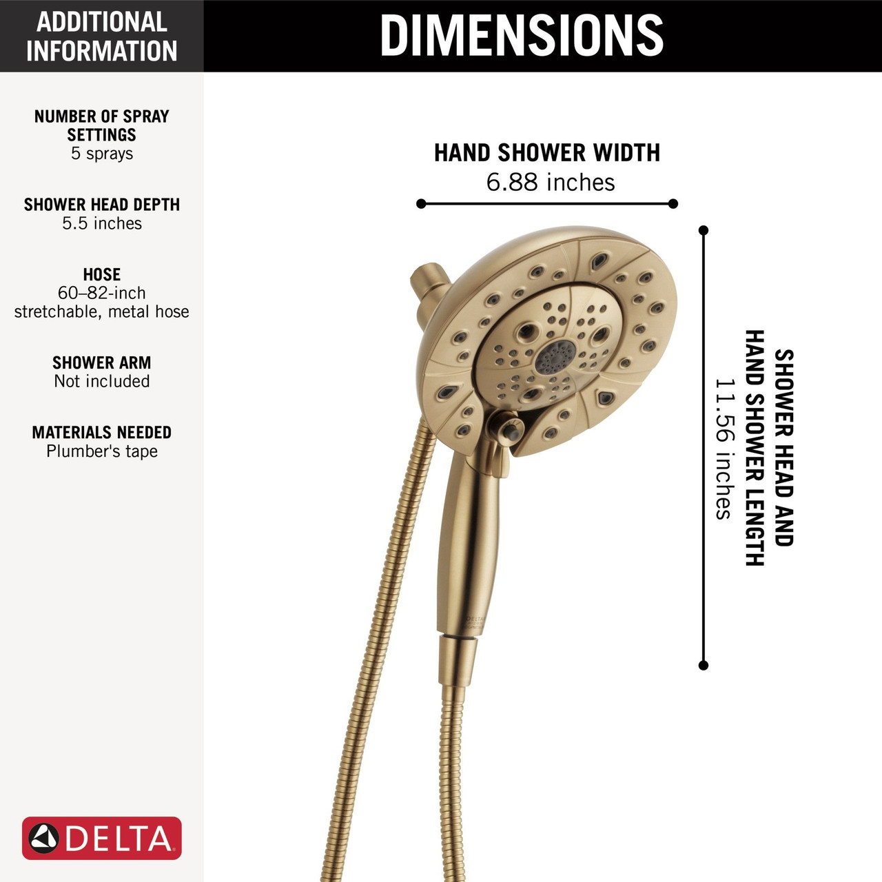 Delta 58480-CZ-PR25-PK Universal Showering Components H2Okinetic In2ition 5-Setting Two-In-One Shower, Lumicoat Champagne Bronze