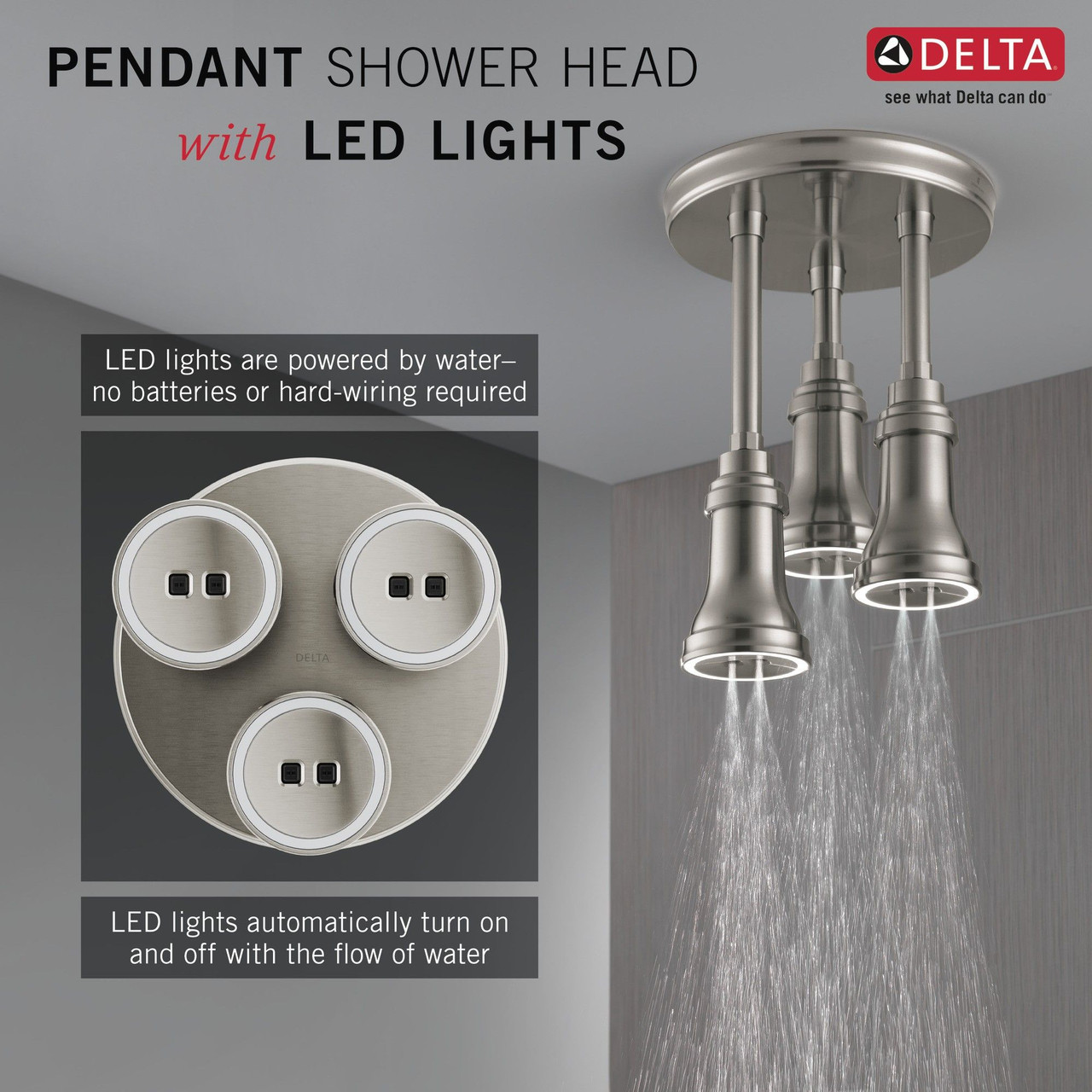 57190-SS25-L Universal Showering Components H2Okinetic Pendant Raincan Shower Head with LED Light, Stainless