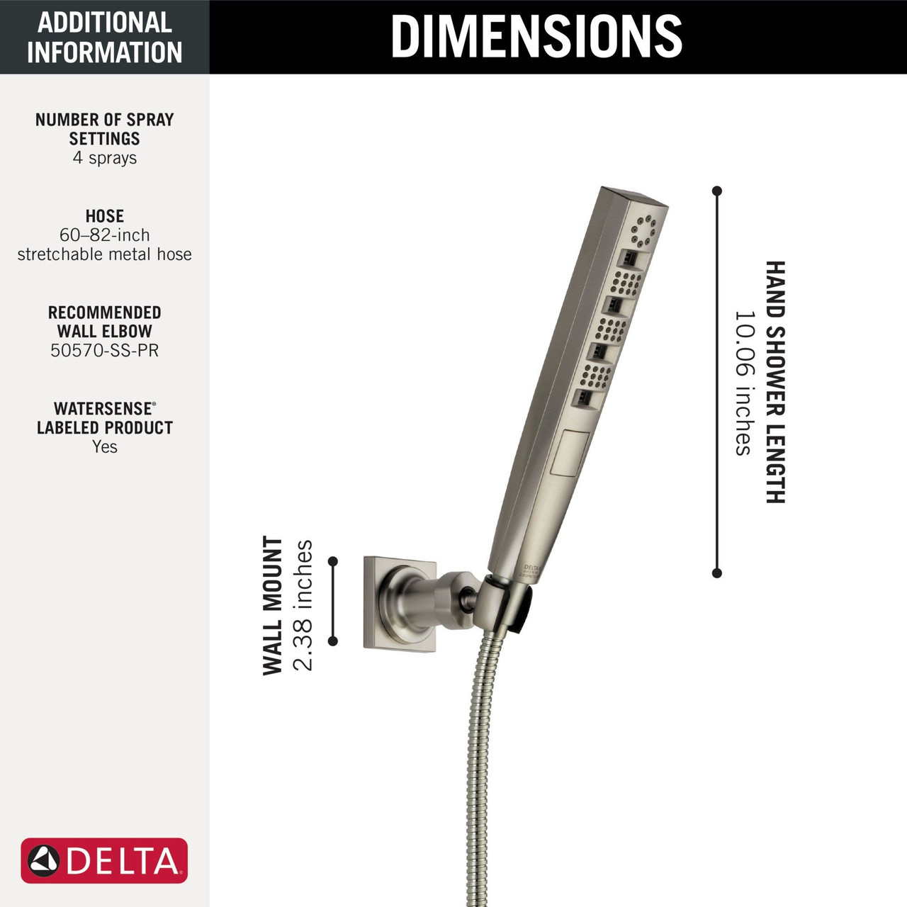 Delta 55140-SS-PR Universal Showering Components H2OKinetic Hand Shower 1.75 GPM Wall-Mount 4S, Lumicoat Stainless