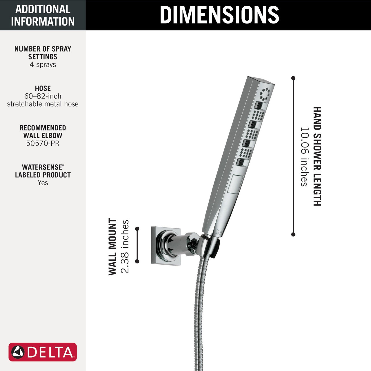 Delta 55140-PR Universal Showering Components H2OKinetic Hand Shower 1.75 GPM Wall-Mount 4S, Lumicoat Chrome