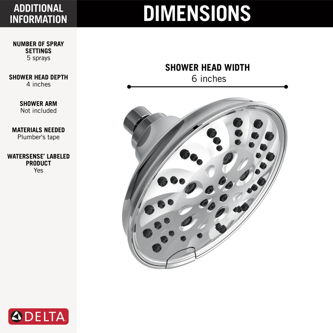 Delta 52669-PR Universal Showering Components H2Okinetic 5-Setting Traditional Raincan Shower Head, Lumicoat Chrome