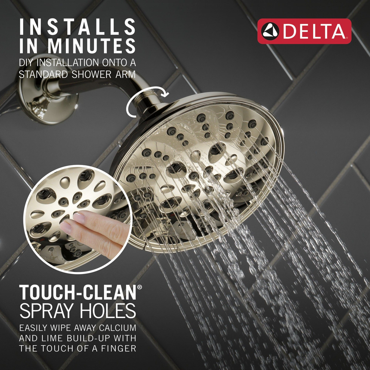 Delta 52669-PN-PR Universal Showering Components H2Okinetic 5-Setting Traditional Raincan Shower Head, Lumicoat Polished Nickel