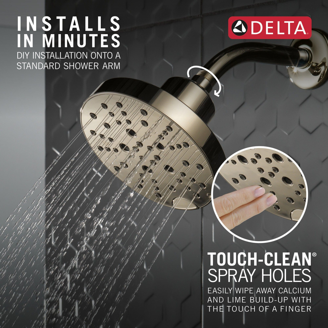 Delta 52668-PN-PR Universal Showering Components H2Okinetic 5-Setting Contempoary Round Raincan Shower Head, Lumicoat Polished Nickel