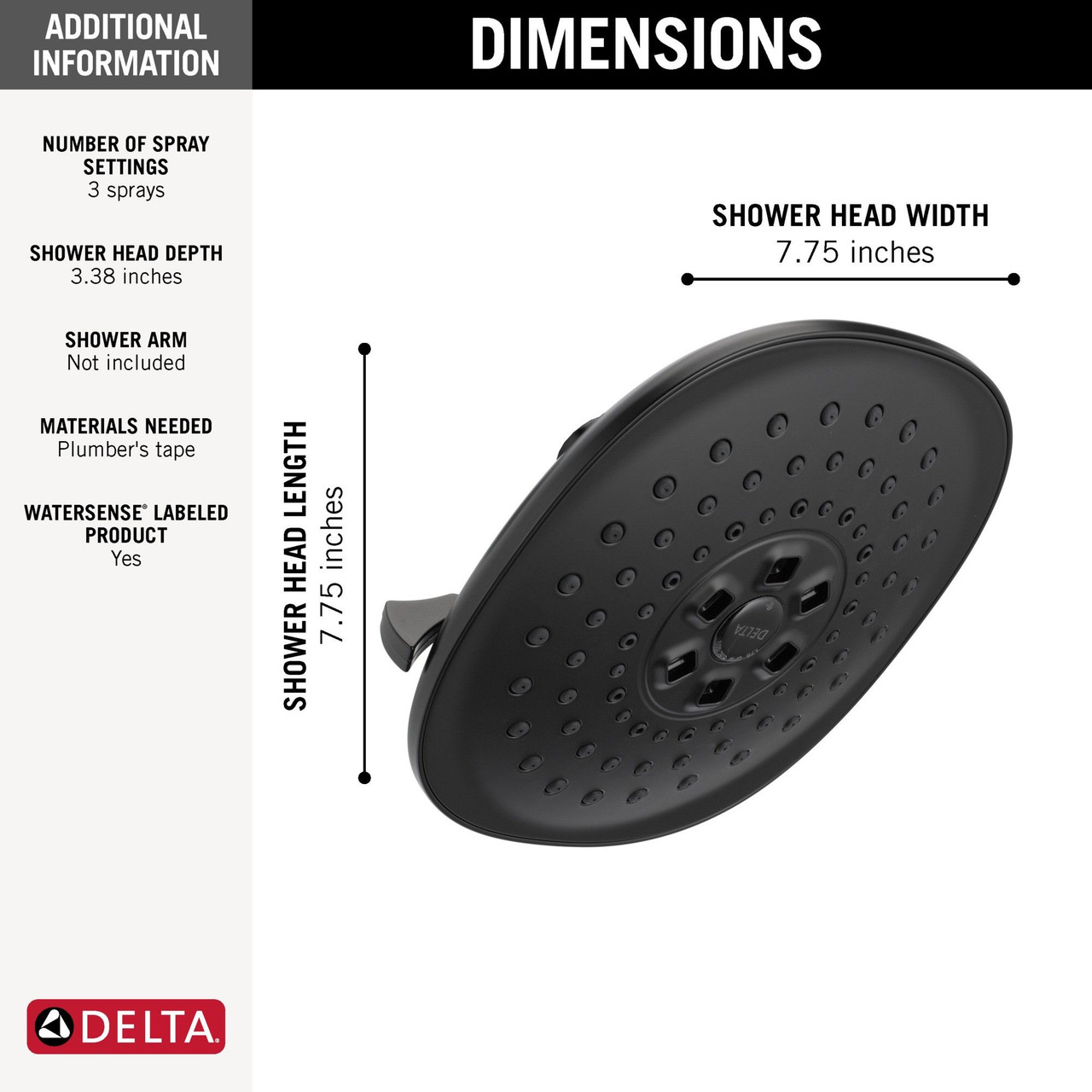 Delta 52686-BL Universal Showering Components H2Okinetic R 3-Setting Raincan Shower Head, Matte Black