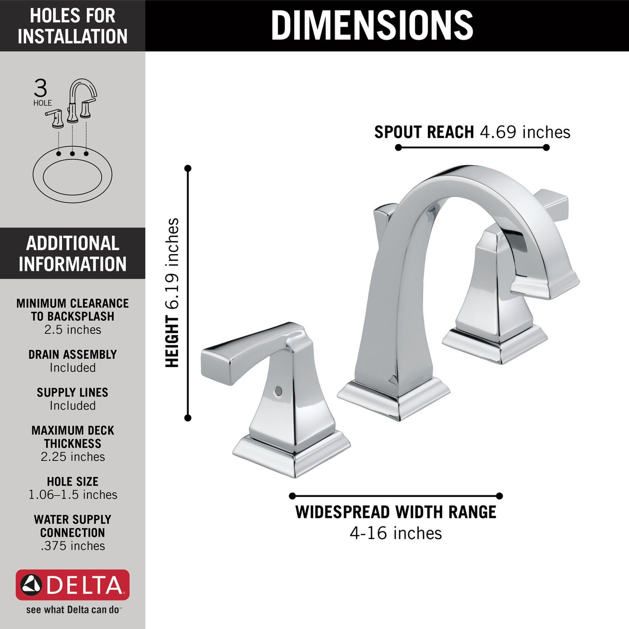 Delta 3551-MPU-DST Dryden Two Handle Widespread Bathroom Faucet, Chrome